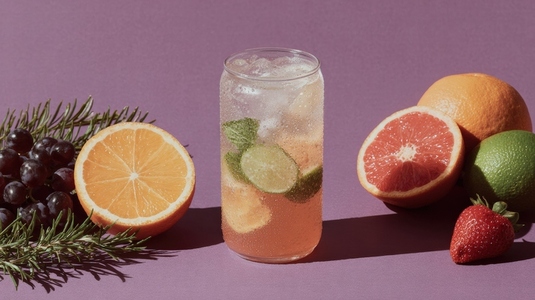 Refreshing beverage with citrus fruits  mint leaves  and ice  set against vibrant purple background