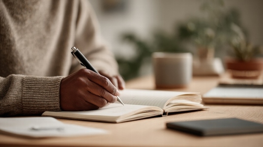 Person writes gratitude journal with pen wooden table  surrounded by plants and cup  scene conveys calmness and reflection