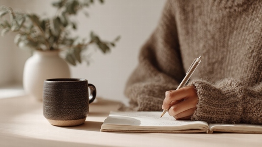 Cozy atmosphere with person writing in journal wearing warm sweater and cup of coffee nearby Cozy atmosphere with person writing in journal wearing warm sweater and cup of coffee nearby