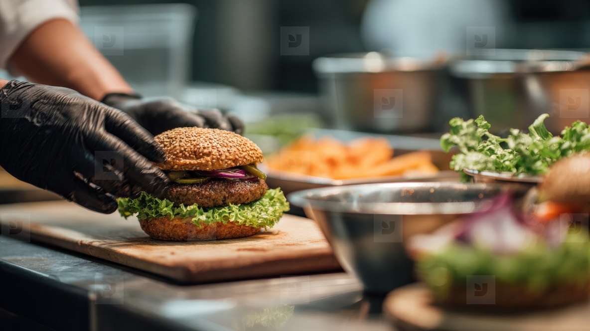 Close up of chef preparing plant based burger with fresh ingredients and sesame bun  showcasing culinary skills and creativity