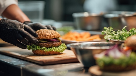 Close up of chef preparing plant based burger with fresh ingredients and sesame bun  showcasing culinary skills and creativity
