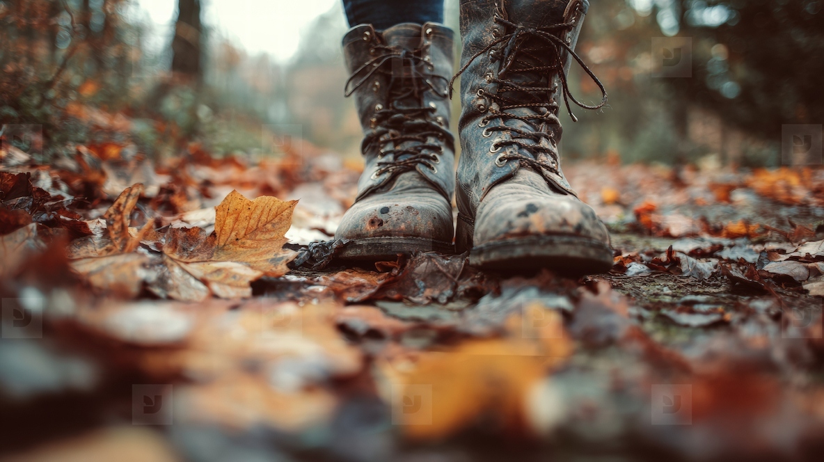 Close up of boots walking on fallen leaves in forest showcasing autumn colors and sense of adventure