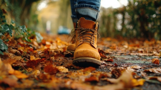 Close up of boots walking on fallen leaves showcasing autumn colors and serene outdoor atmosphere Close up of boots walking on fallen leaves showcasing autumn colors and serene outdoor atmosphere