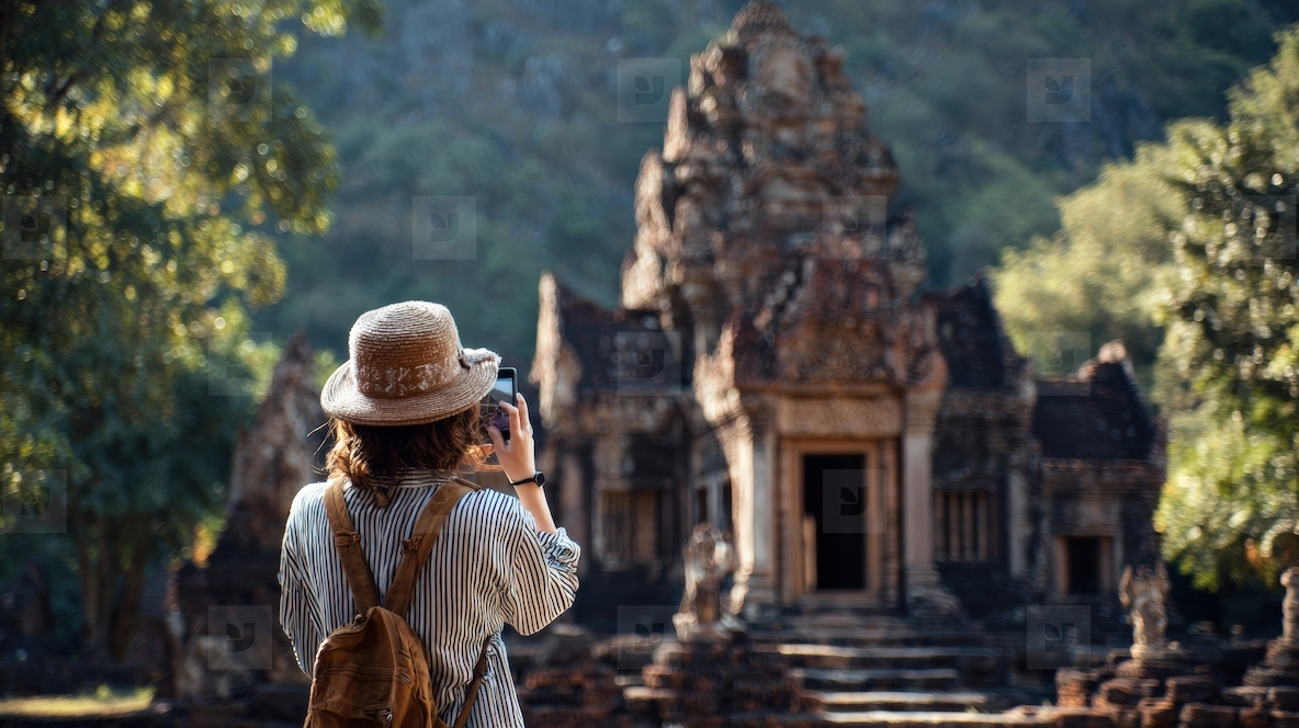 Traveler taking photo of ancient temple surrounded by nature  capturing memories in serene atmosphere