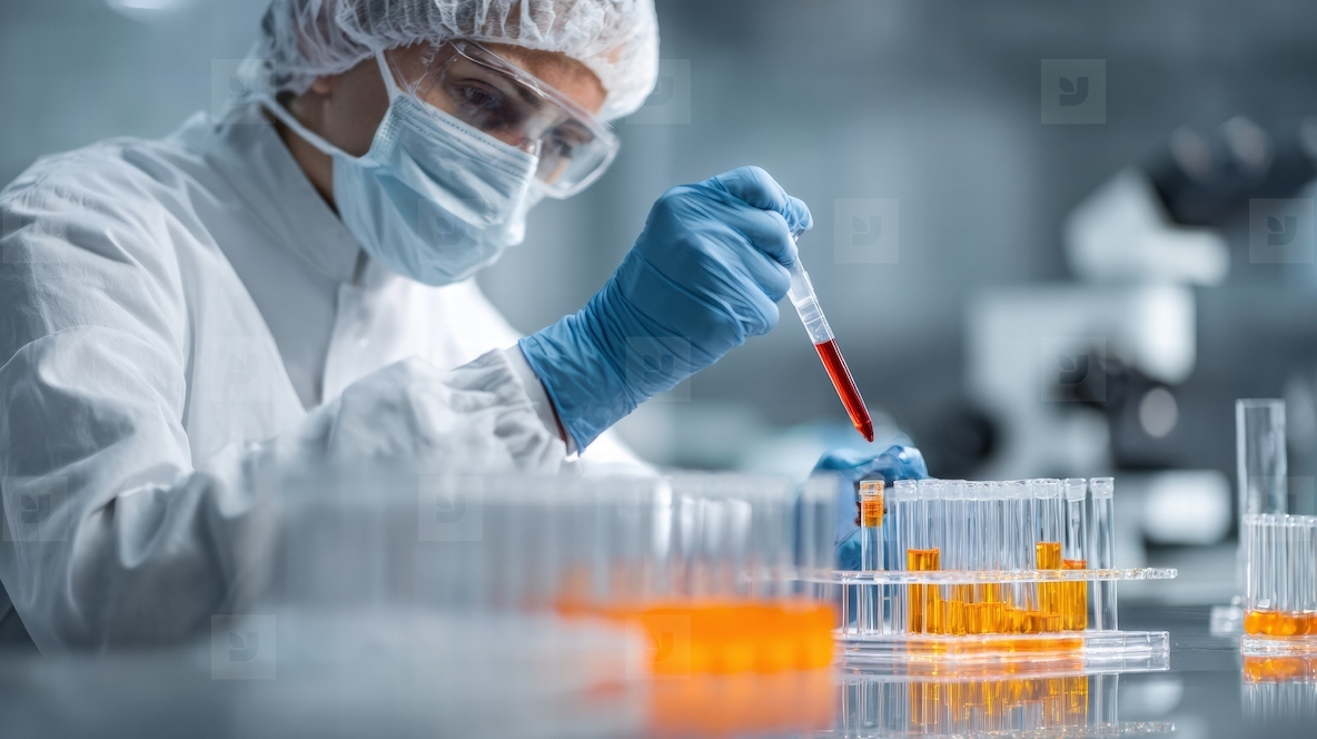 Scientist conducting experiments with test tubes in sterile laboratory environment  showcasing precision and focus