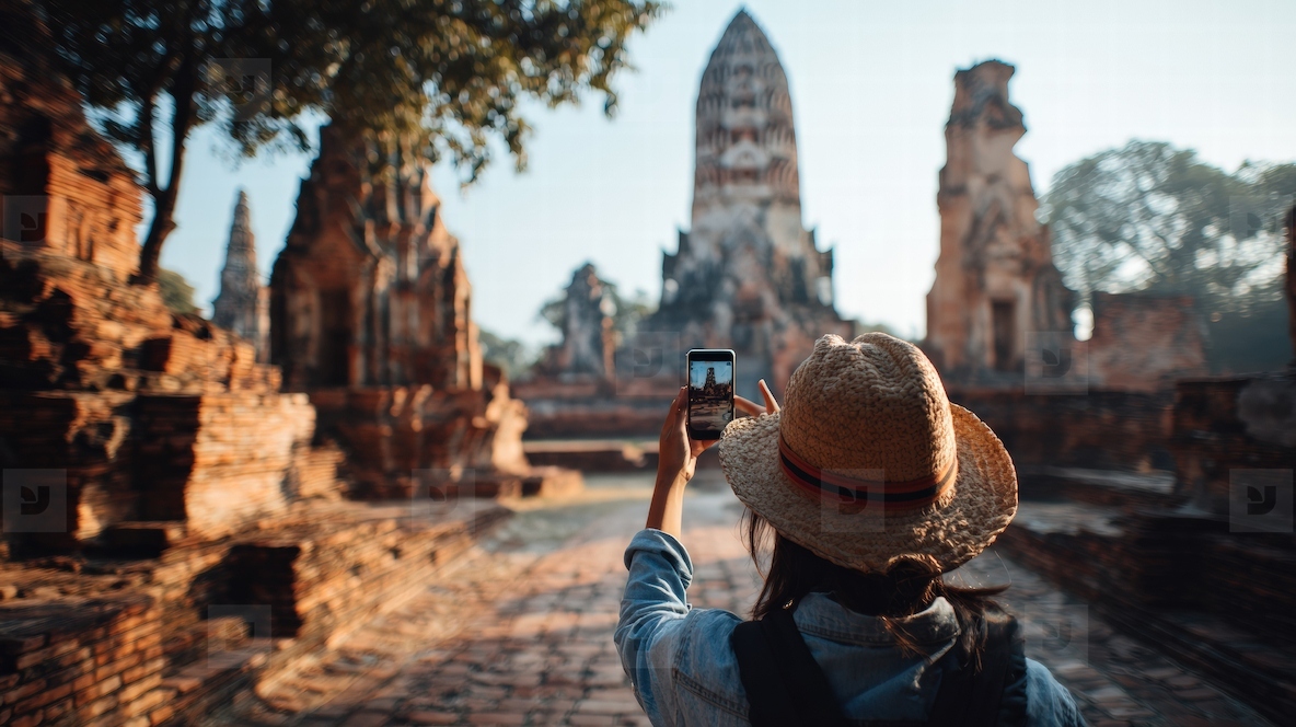 Traveler taking photo of ancient temple with smartphone capturing historical architecture and serene atmosphere
