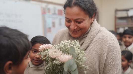 Celebration of Teachers Day in classroom with teacher receiving flowers from students showcasing joy and appreciation Celebration of Teachers Day in classroom with teacher receiving flowers from students showcasing joy and appreciation