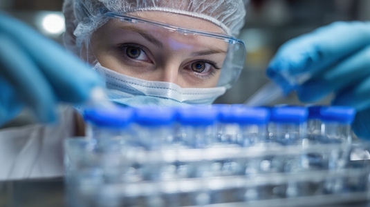 Scientist conducting research in sterile laboratory  focusing on drug samples with precision and care