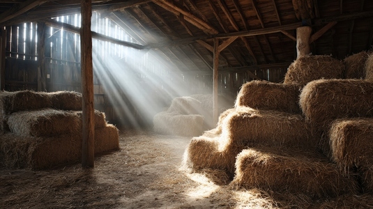 Rustic barn interior with hay bales  sunlight streaming through wooden beams  creating warm and inviting atmosphere