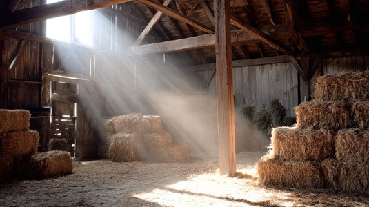 Rustic barn interior with hay bales  sunlight streaming through wooden beams  creating warm and inviting atmosphere
