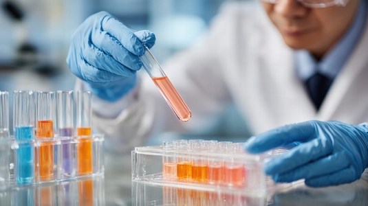 Scientist conducting experiments with test tubes in sterile laboratory  showcasing vibrant colored liquids
