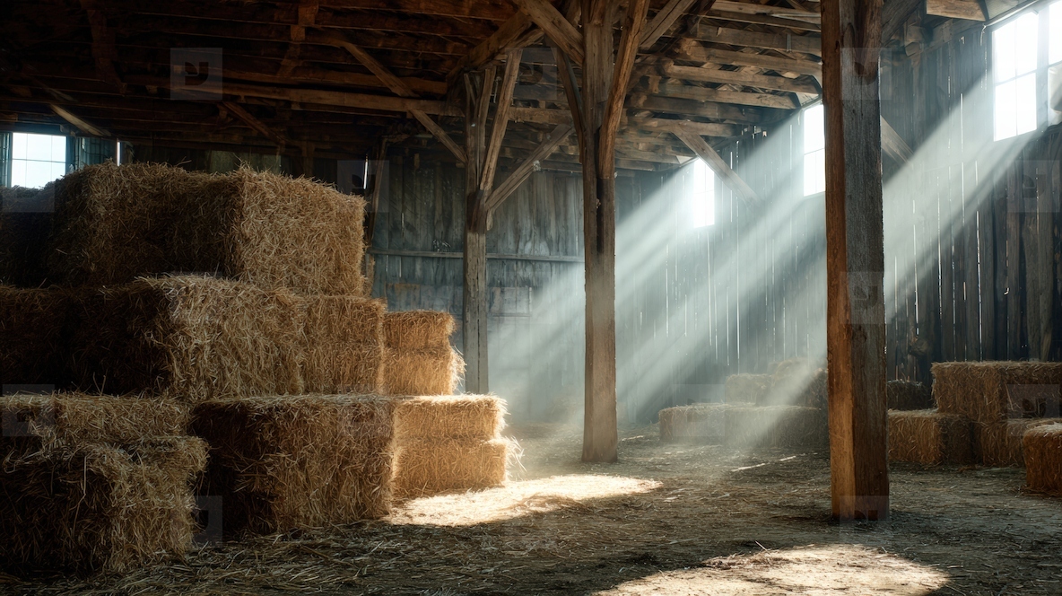 Rustic barn interior with hay bales  sunlight streaming through windows  creating warm and inviting atmosphere