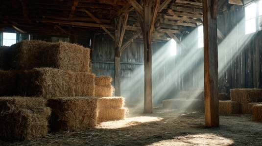 Rustic barn interior with hay bales  sunlight streaming through windows  creating warm and inviting atmosphere