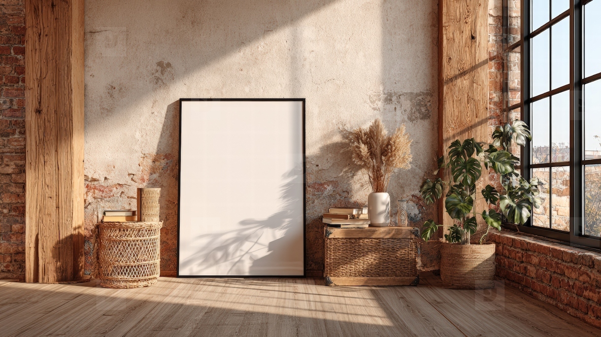 Minimalist interior featuring blank poster frame against rustic wall surrounded by natural light and greenery creating