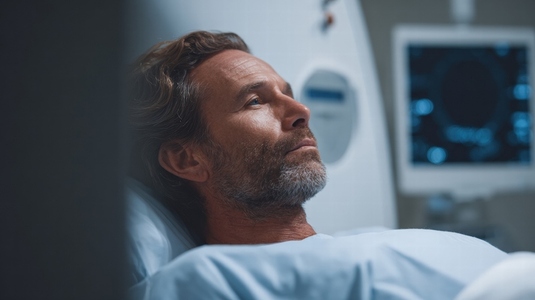 Patient undergoing MRI scan in hospital  looking calm and contemplative  surrounded by medical equipment