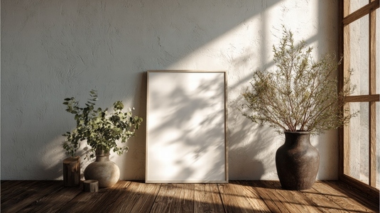 Serene interior scene featuring blank poster frame rustic wall  complemented by potted plants and natural light  warm ambiance