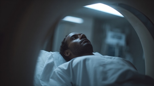 Patient undergoing MRI scan hospital  focused expression  medical environment  healthcare technology  diagnostic imaging