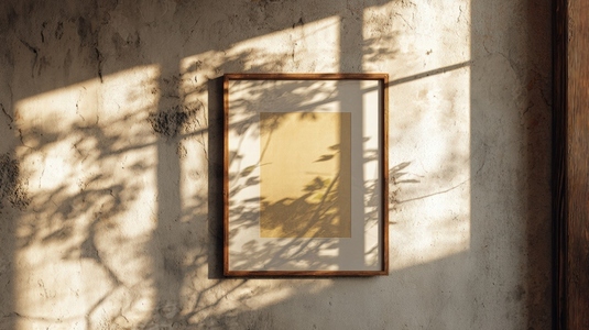 Framed artwork on rustic wall  illuminated by natural light  casting shadows from nearby foliage  creates serene atmosphere