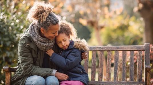 Candid moment of mother comforting her child on park bench  showcasing love and warmth in serene outdoor setting