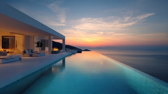 Modern architecture villa with infinity pool sunset view serene atmosphere luxurious design coastal landscape Modern architecture villa with infinity pool sunset view serene atmosphere luxurious design coastal landscape