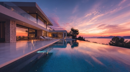 Modern architecture villa with infinity pool sunset view serene atmosphere luxurious design outdoor living space Modern architecture villa with infinity pool sunset view serene atmosphere luxurious design outdoor living space