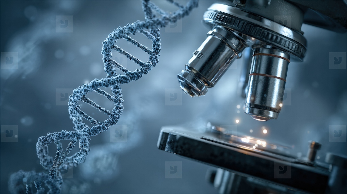 Microscope close up with DNA model  showcasing intricate details and scientific exploration  image evokes curiosity and wonder