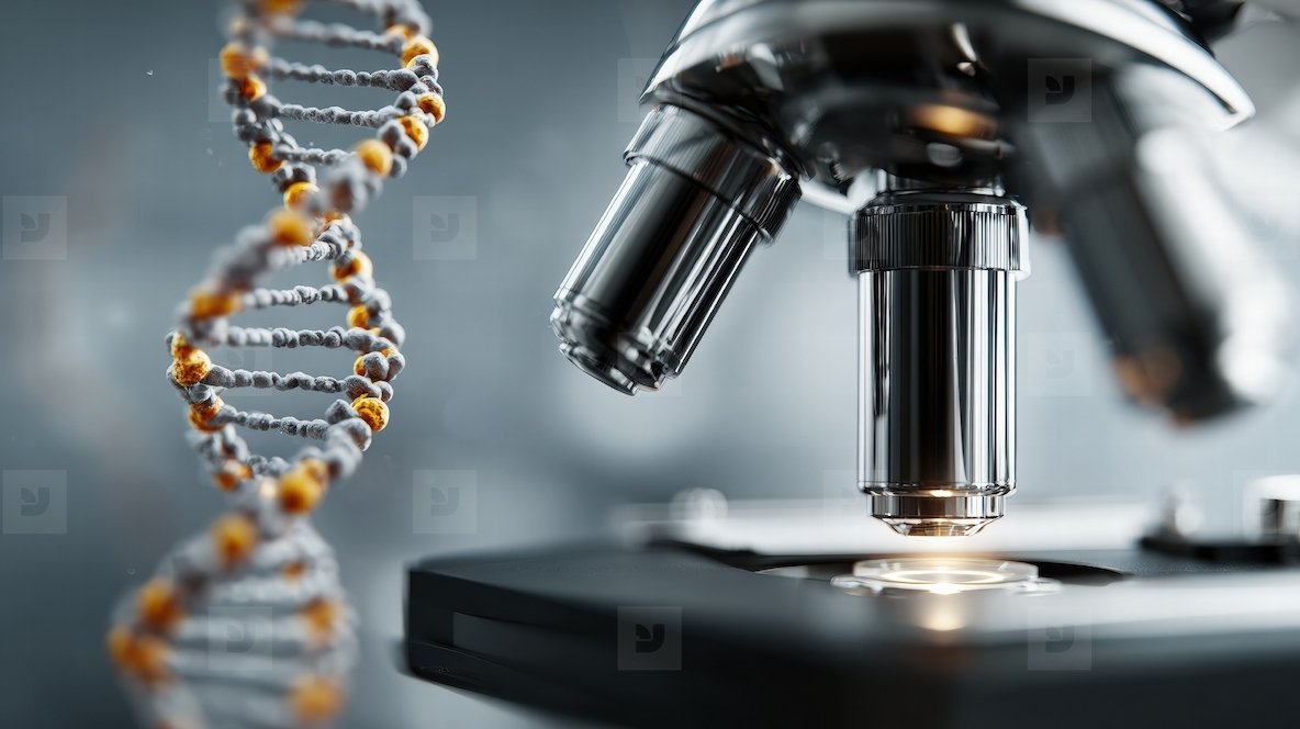 Microscope close up with DNA model showcasing intricate details and scientific exploration image evokes curiosity
