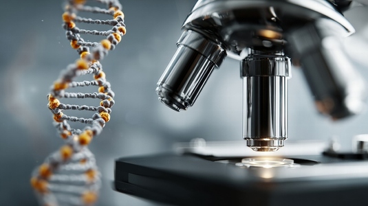 Microscope close up with DNA model  showcasing intricate details and scientific exploration  image evokes curiosity