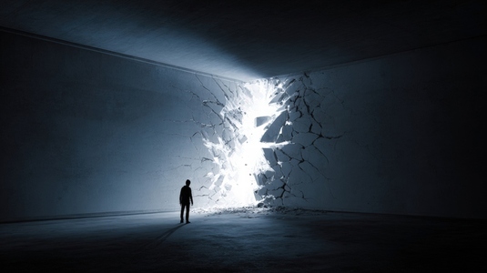 Lone figure stands dark room gazing wall that has cracked open revealing bright light scene evokes sense of hope Lone figure stands dark room gazing wall that has cracked open revealing bright light scene evokes sense of hope