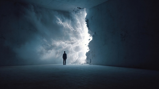 Lone figure stands in dark room  facing dramatic lightning storm breaking through wall  evoking sense of awe and mystery