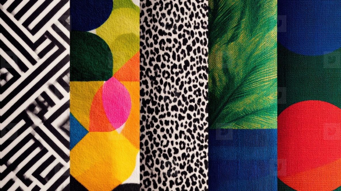 Vivid geometric patterns on fabric showcase high contrast designs in various colors  creating vibrant visual appeal