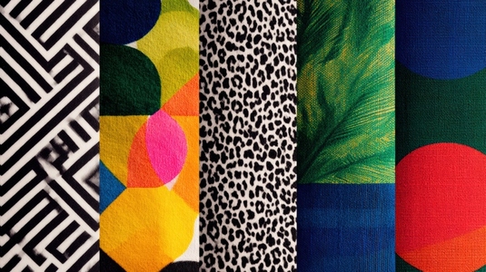Vivid geometric patterns on fabric showcase high contrast designs in various colors  creating vibrant visual appeal