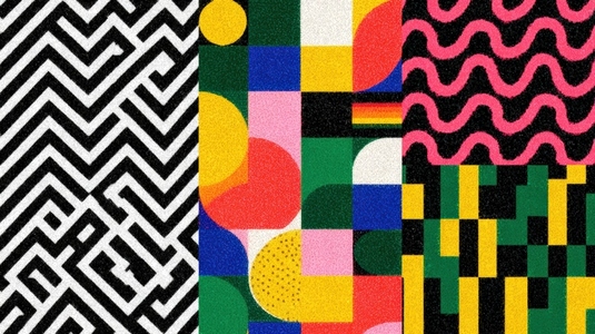 High contrast geometric patterns vivid colors create dynamic visual experience  design features bold shapes and lines