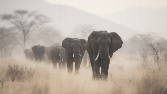 Herd of elephants walking through African savanna  surrounded by misty landscape  showcasing their majestic presence