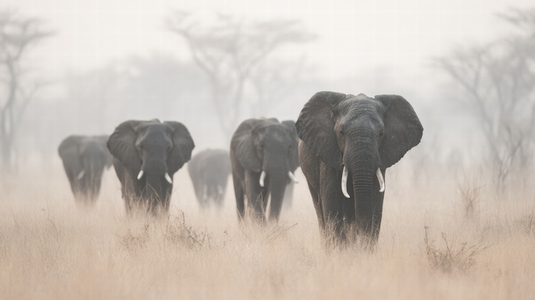 Herd of elephants walking through African savanna showcasing their majestic presence in misty landscape Herd of elephants walking through African savanna showcasing their majestic presence in misty landscape