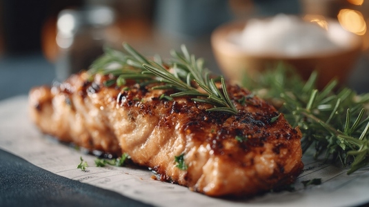 Grilled salmon steak garnished with fresh herbs  showcasing delicious and healthy meal option  Perfect for food lovers