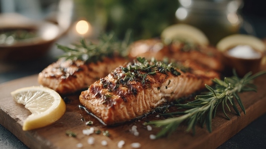Grilled salmon steak garnished with herbs and lemon slices  served on wooden board  evokes delicious and healthy meal