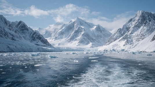 Majestic mountains surround serene glacial landscape  showcasing icebergs floating tranquil ocean  scene reflects beauty