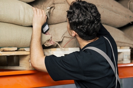 Back view of a young warehouse worker looking for the right coffee bag on the shelf Back view of a young warehouse worker looking for the right coffee bag on the shelf
