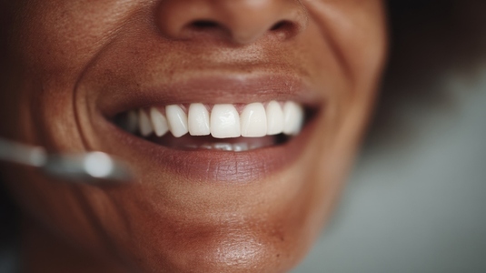Smiling woman showcases her bright healthy teeth during dental visit radiating confidence Smiling woman showcases her bright healthy teeth during dental visit radiating confidence