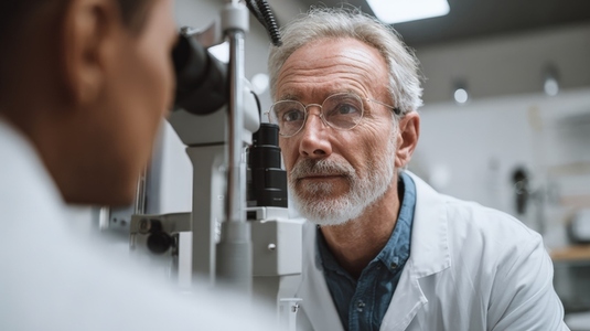 Ophthalmologist examining patient during eye exam with advanced equipment  focused and attentive