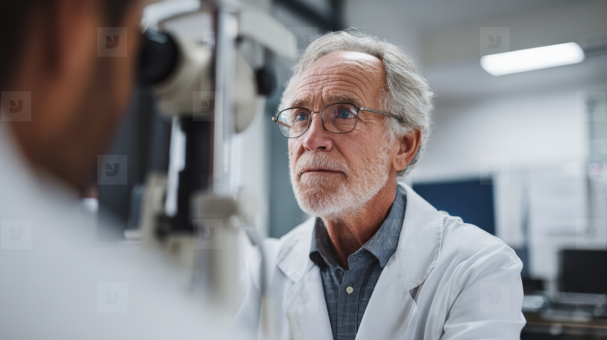 Ophthalmologist performing eye exam with patient in clinic focused and attentive
