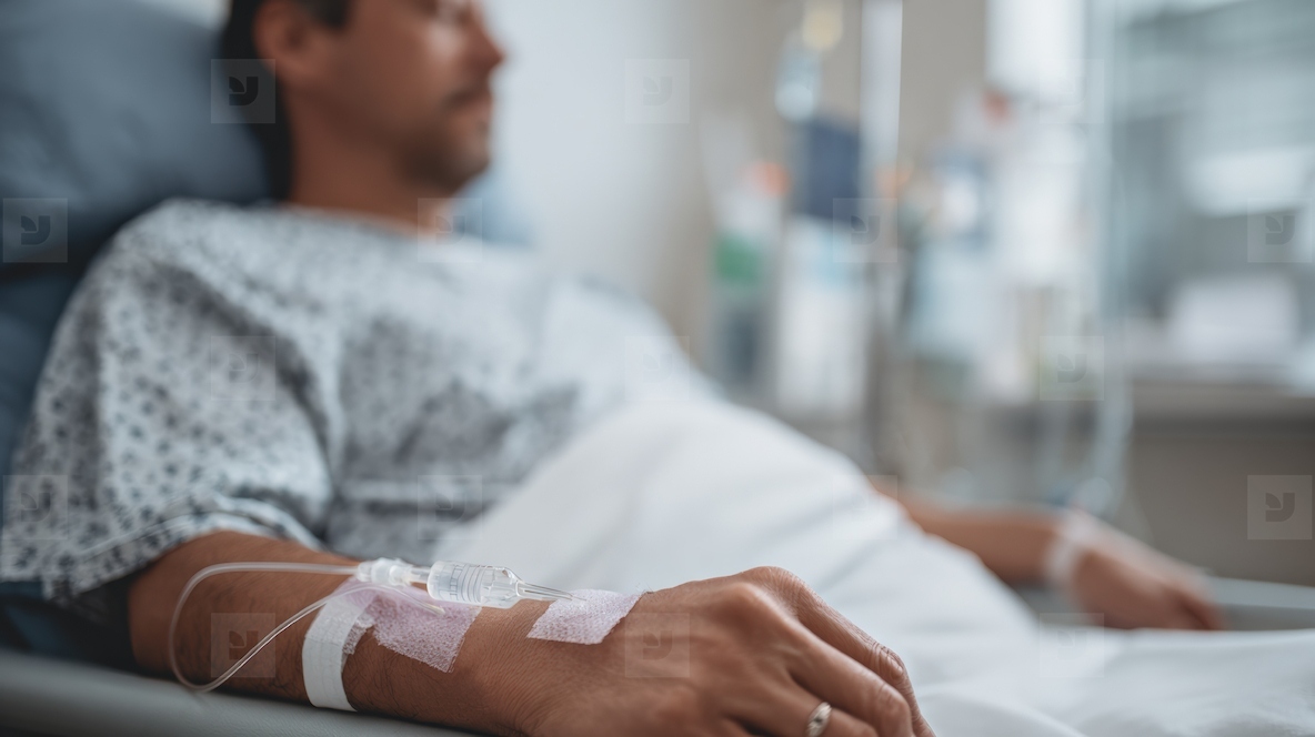 Oncology patient receiving IV chemotherapy in hospital bed showing resilience and hope