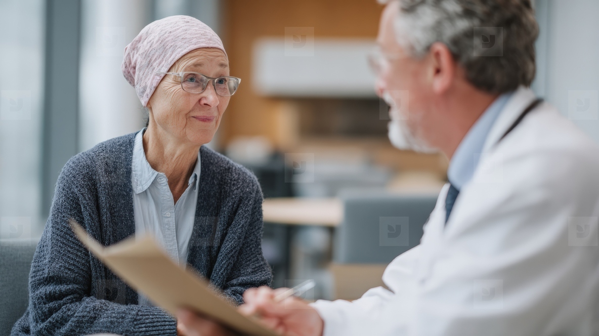 Caring oncologist discussing treatment options with patient in modern clinic setting