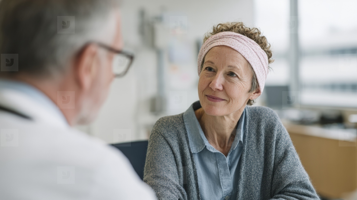 Caring oncologist discussing treatment options with patient in bright office setting