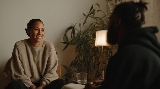 Multicultural female therapist engaging warm conversation with client  creating supportive