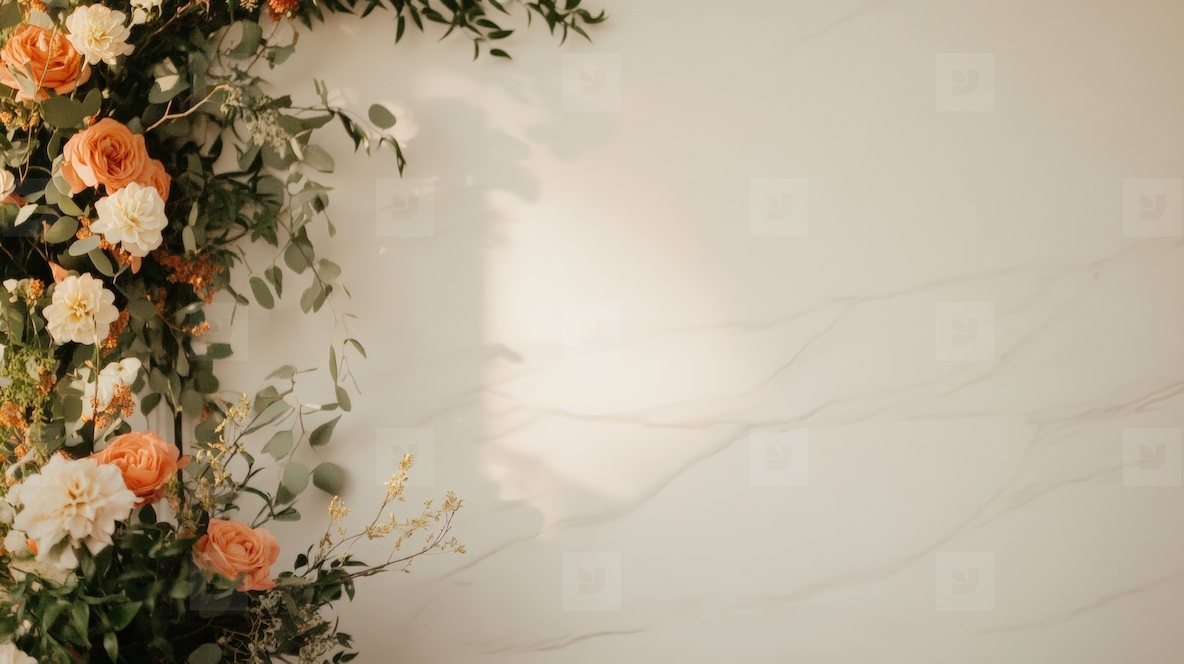 Elegant floral arrangement with soft peach and white flowers against marble wall backdrop