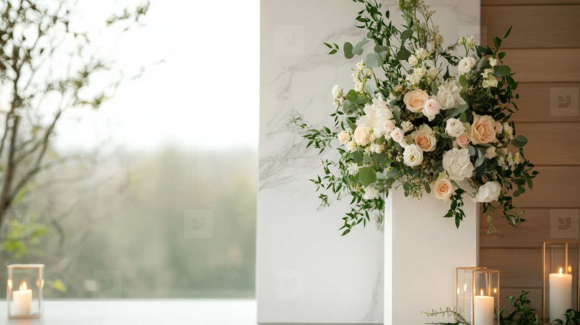 Elegant floral arrangement with soft roses and greenery  perfect for wedding backdrop