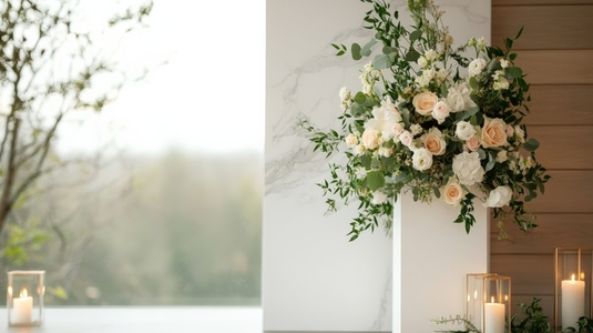 Elegant floral arrangement with soft roses and greenery  perfect for wedding backdrop