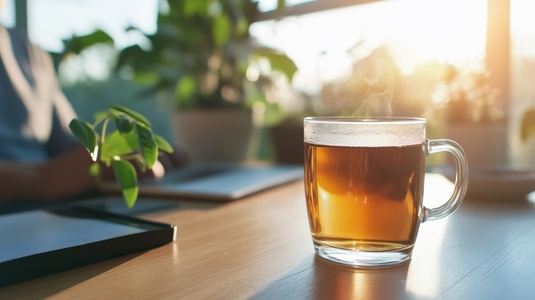 Warm cup of herbal tea sits on wooden table in bright office  radiating comfort and tranquility